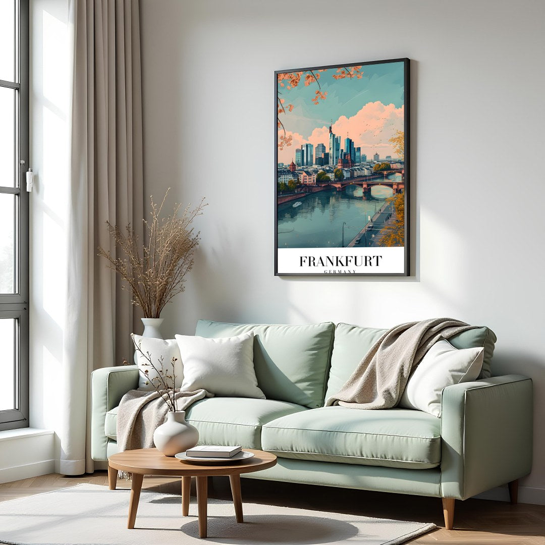 Capture the essence of urban sophistication with this beautiful portrayal of Frankfurt's skyline. for Hall