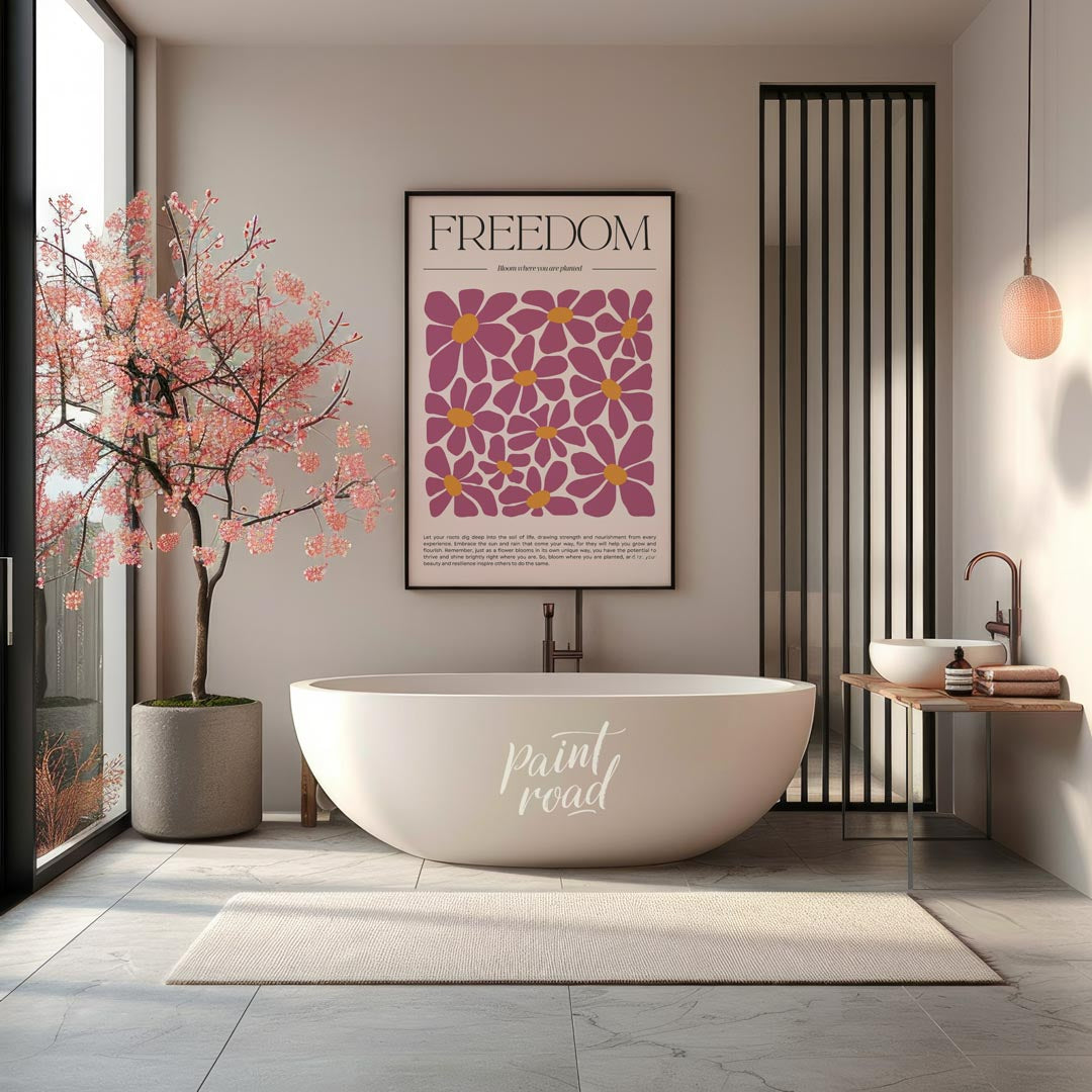 This inspiring and visually rich artwork centers around the bold, serif-font title “FREEDOM” at the… for bathroom