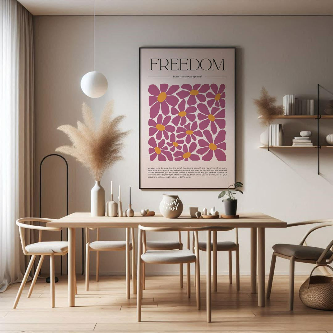 This inspiring and visually rich artwork centers around the bold, serif-font title “FREEDOM” at the… for dining room