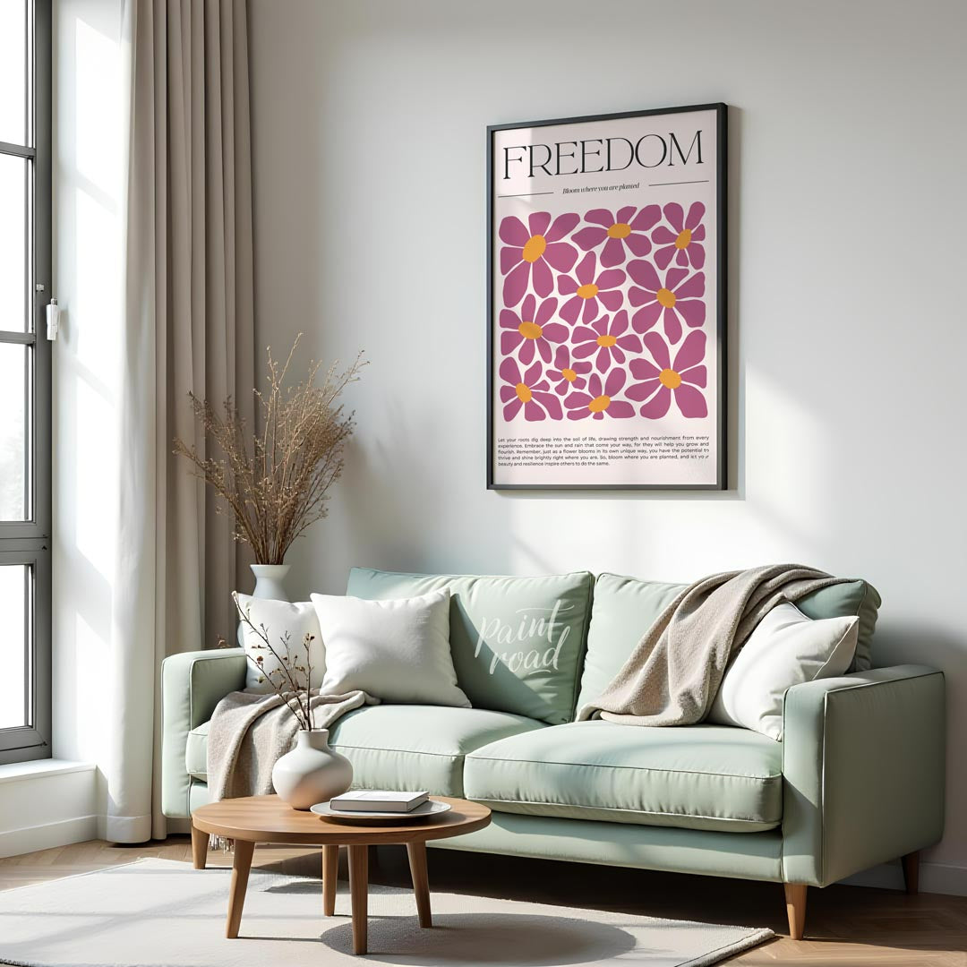 This inspiring and visually rich artwork centers around the bold, serif-font title “FREEDOM” at the… for living room