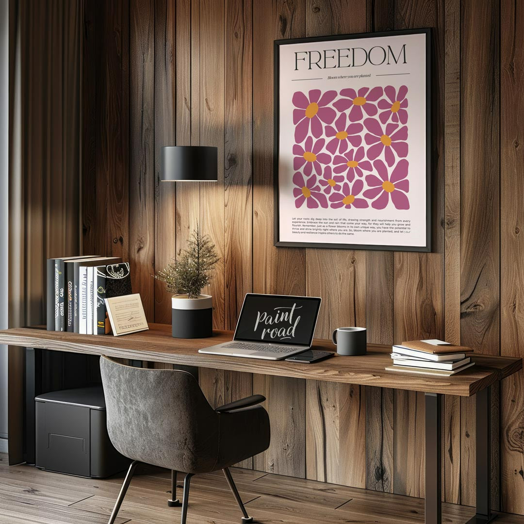 This inspiring and visually rich artwork centers around the bold, serif-font title “FREEDOM” at the… for office