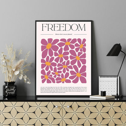This inspiring and visually rich artwork centers around the bold, serif-font title “FREEDOM” at the… for office