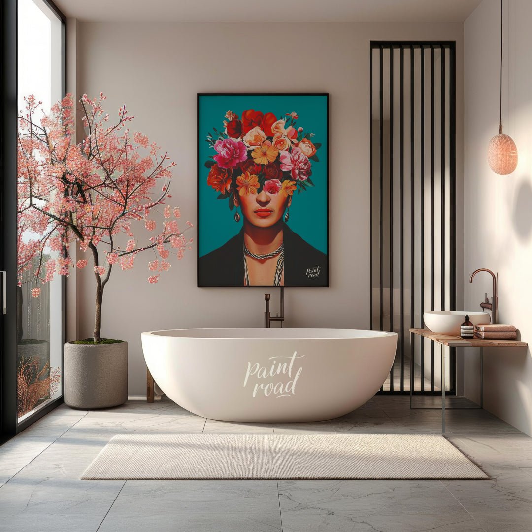 This striking and vibrant portrait features the iconic Mexican artist Frida Kahlo, rendered in a st… for bathroom
