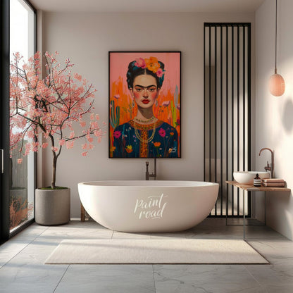 This captivating portrait presents Frida Kahlo in a dreamlike and highly decorative setting, charac… for bathroom