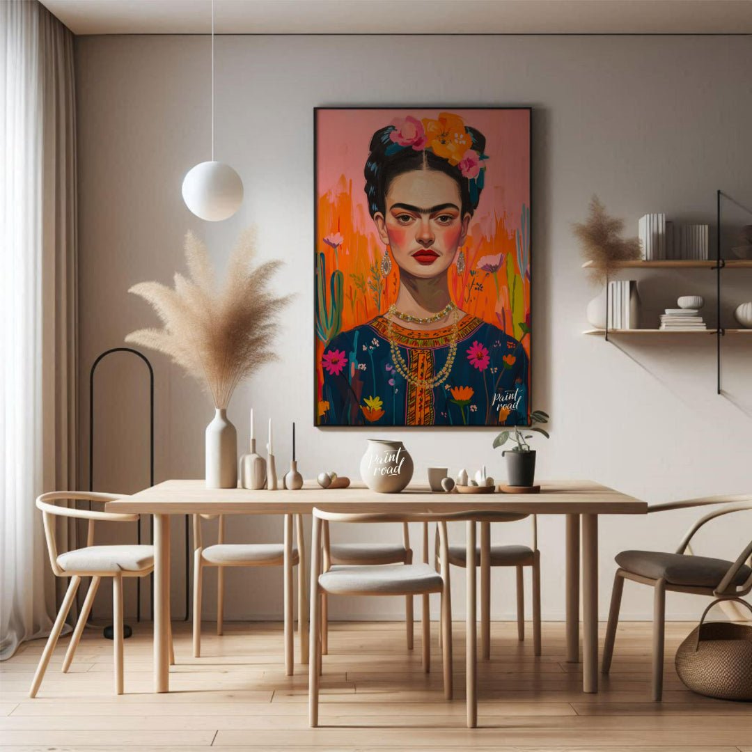 This captivating portrait presents Frida Kahlo in a dreamlike and highly decorative setting, charac… for dining room