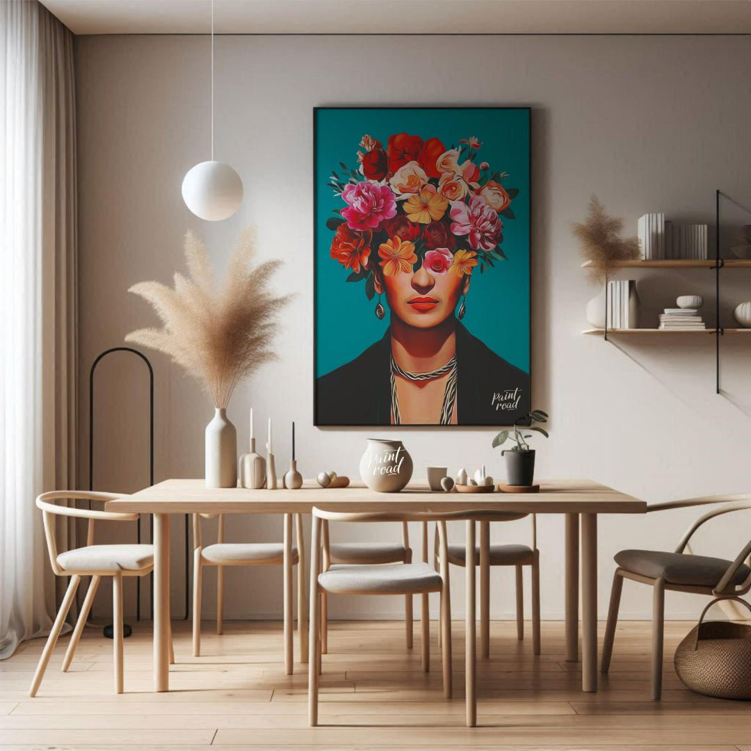 This striking and vibrant portrait features the iconic Mexican artist Frida Kahlo, rendered in a st… for dining room
