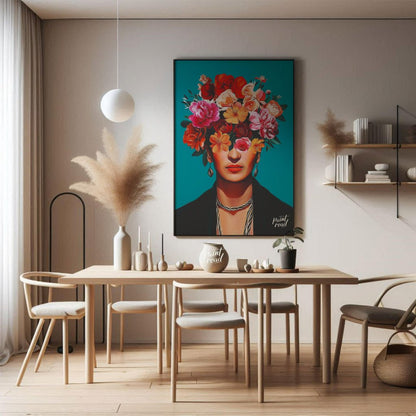 This striking and vibrant portrait features the iconic Mexican artist Frida Kahlo, rendered in a st… for dining room