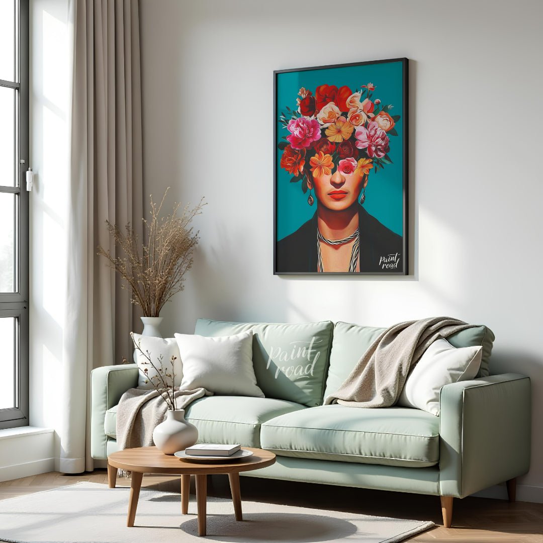 This striking and vibrant portrait features the iconic Mexican artist Frida Kahlo, rendered in a st… for living room