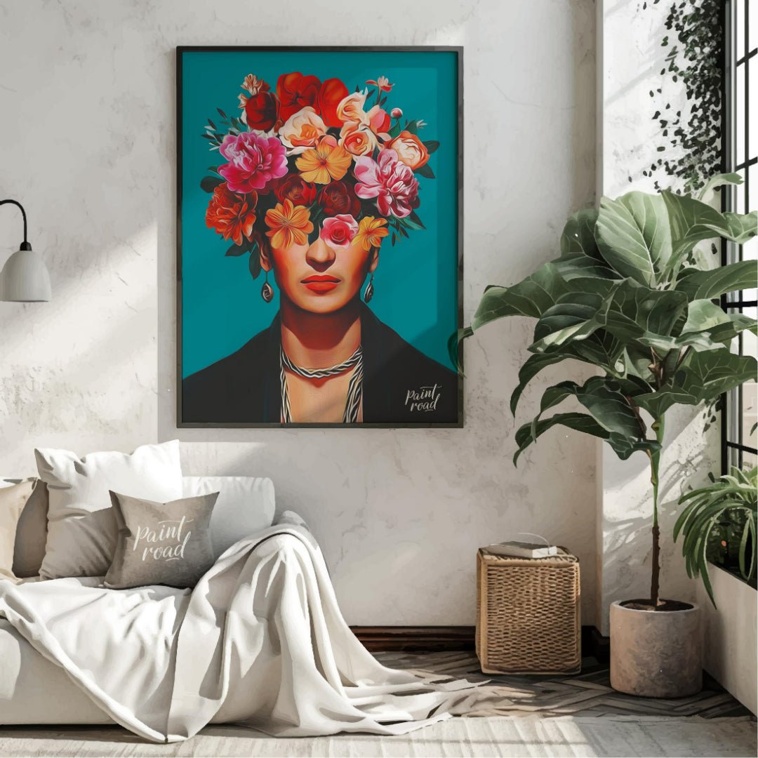 This striking and vibrant portrait features the iconic Mexican artist Frida Kahlo, rendered in a st… for living room