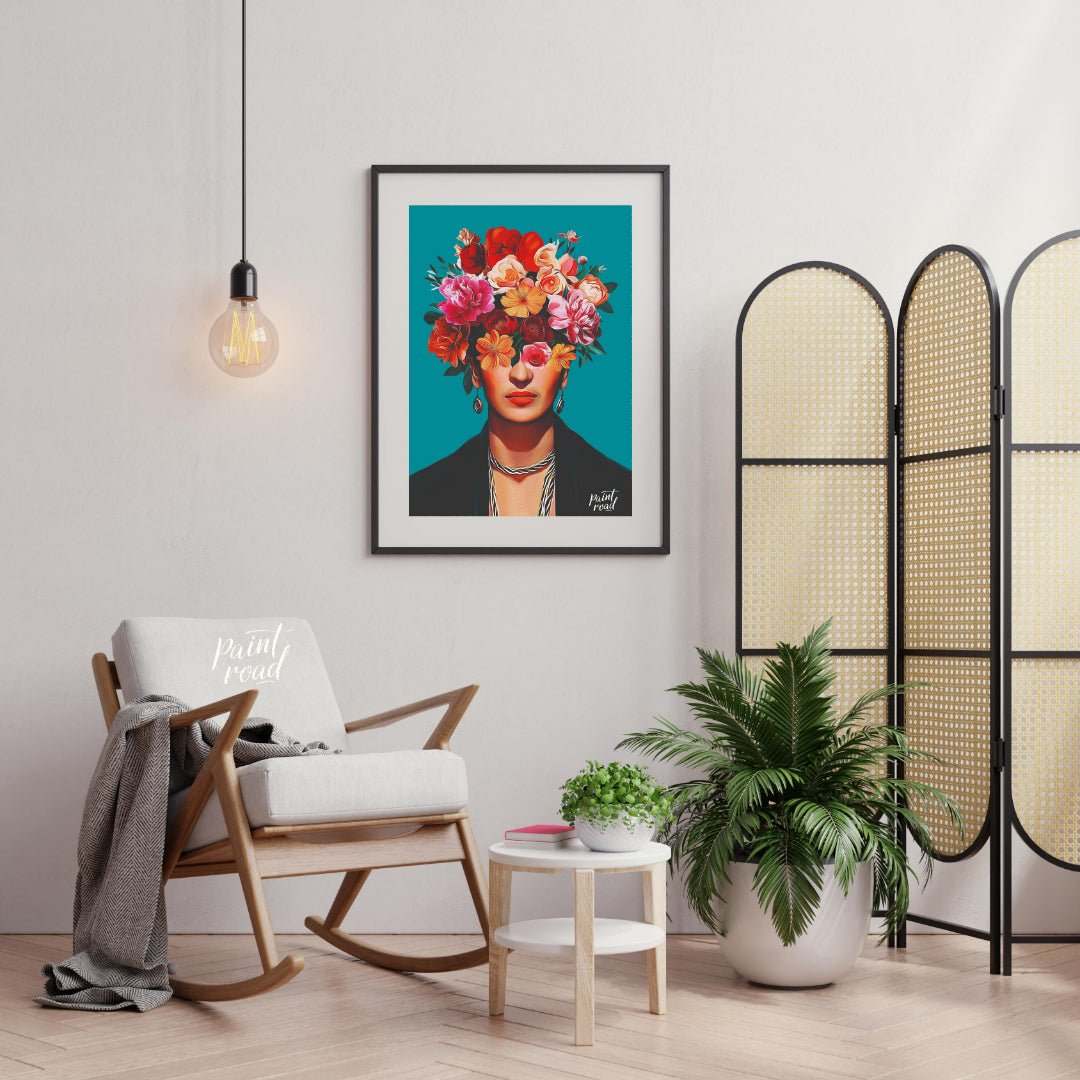 This striking and vibrant portrait features the iconic Mexican artist Frida Kahlo, rendered in a st… for living room