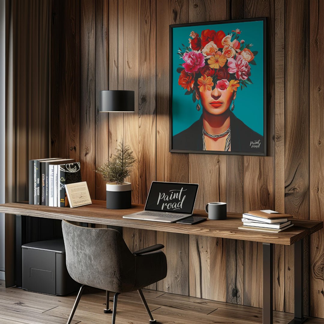 This striking and vibrant portrait features the iconic Mexican artist Frida Kahlo, rendered in a st… for office