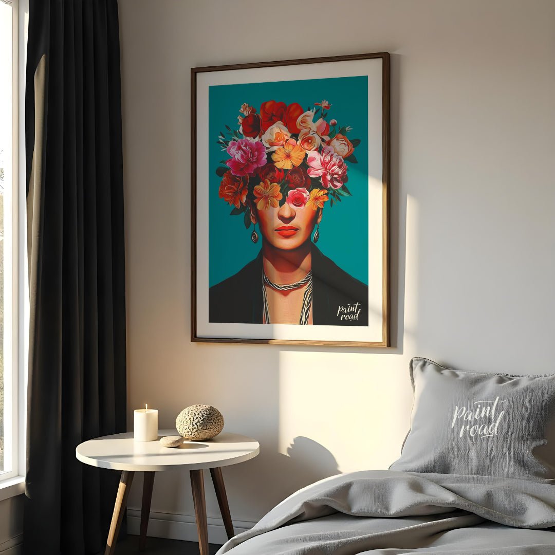 This striking and vibrant portrait features the iconic Mexican artist Frida Kahlo, rendered in a st… for bedroom