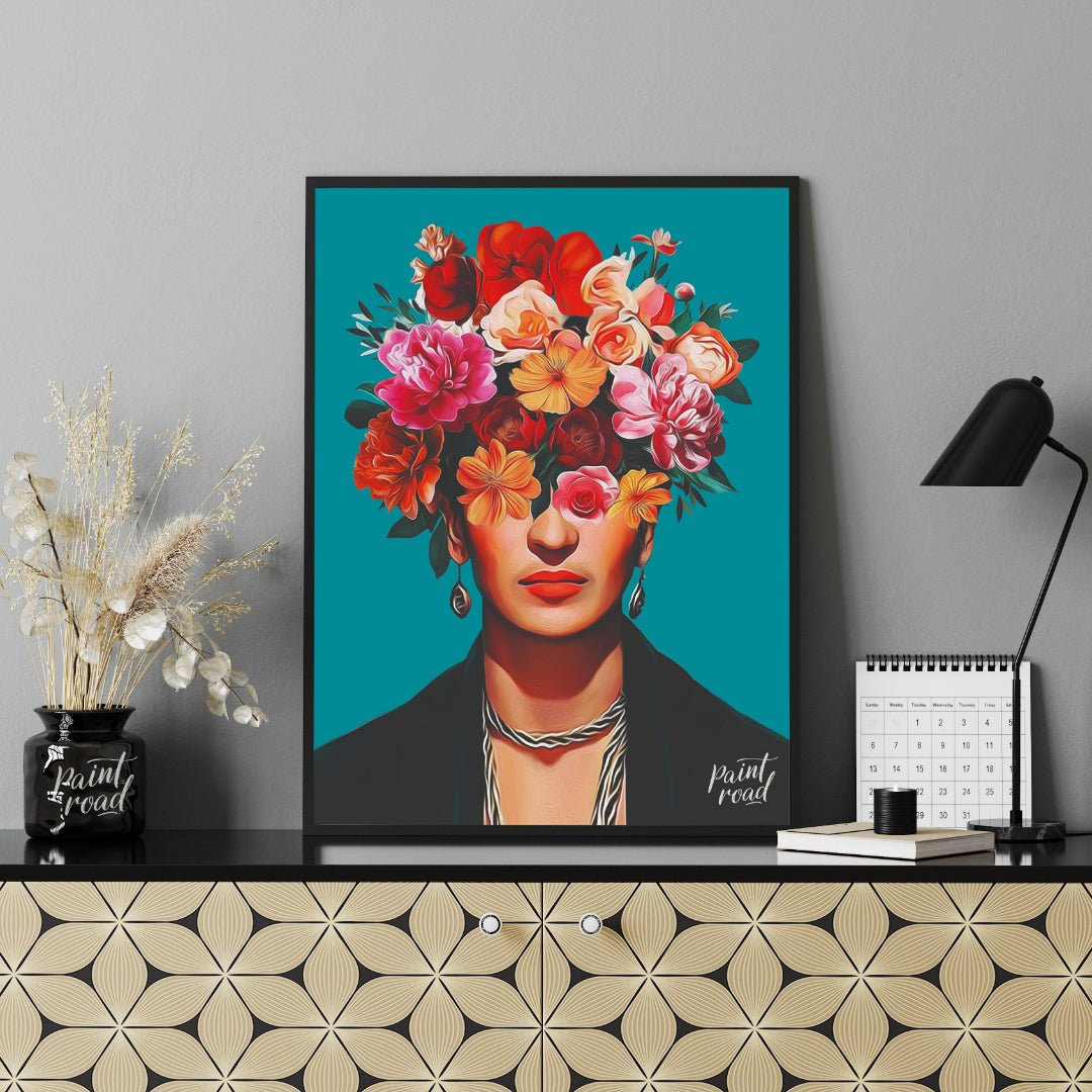 This striking and vibrant portrait features the iconic Mexican artist Frida Kahlo, rendered in a st… for office