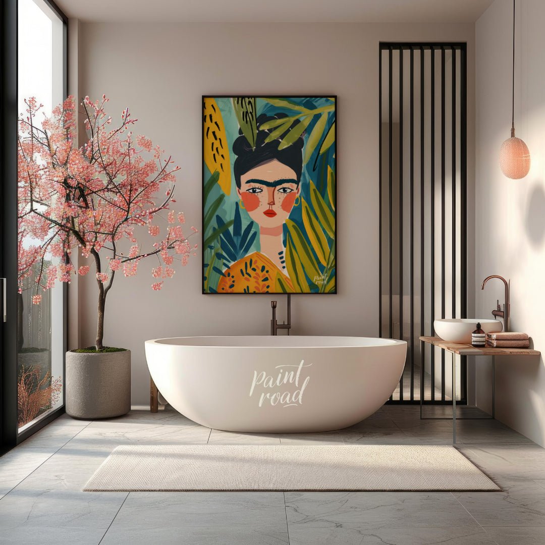 This stylized and vibrant portrait of Frida Kahlo immerses her in a lush, tropical setting. Her dis… for bathroom