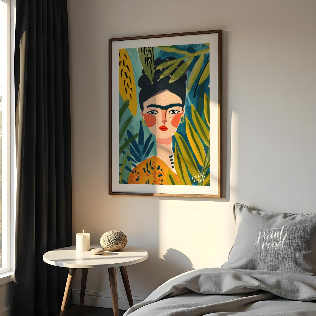 This stylized and vibrant portrait of Frida Kahlo immerses her in a lush, tropical setting. Her dis… for bedroom