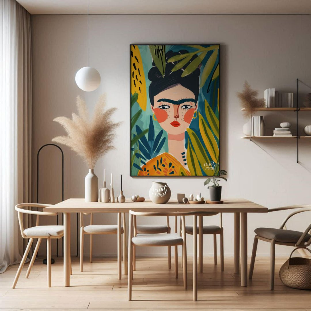 This stylized and vibrant portrait of Frida Kahlo immerses her in a lush, tropical setting. Her dis… for dining room