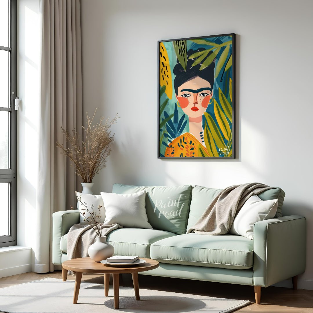 This stylized and vibrant portrait of Frida Kahlo immerses her in a lush, tropical setting. Her dis… for living room