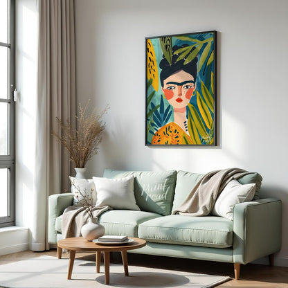 This stylized and vibrant portrait of Frida Kahlo immerses her in a lush, tropical setting. Her dis… for living room