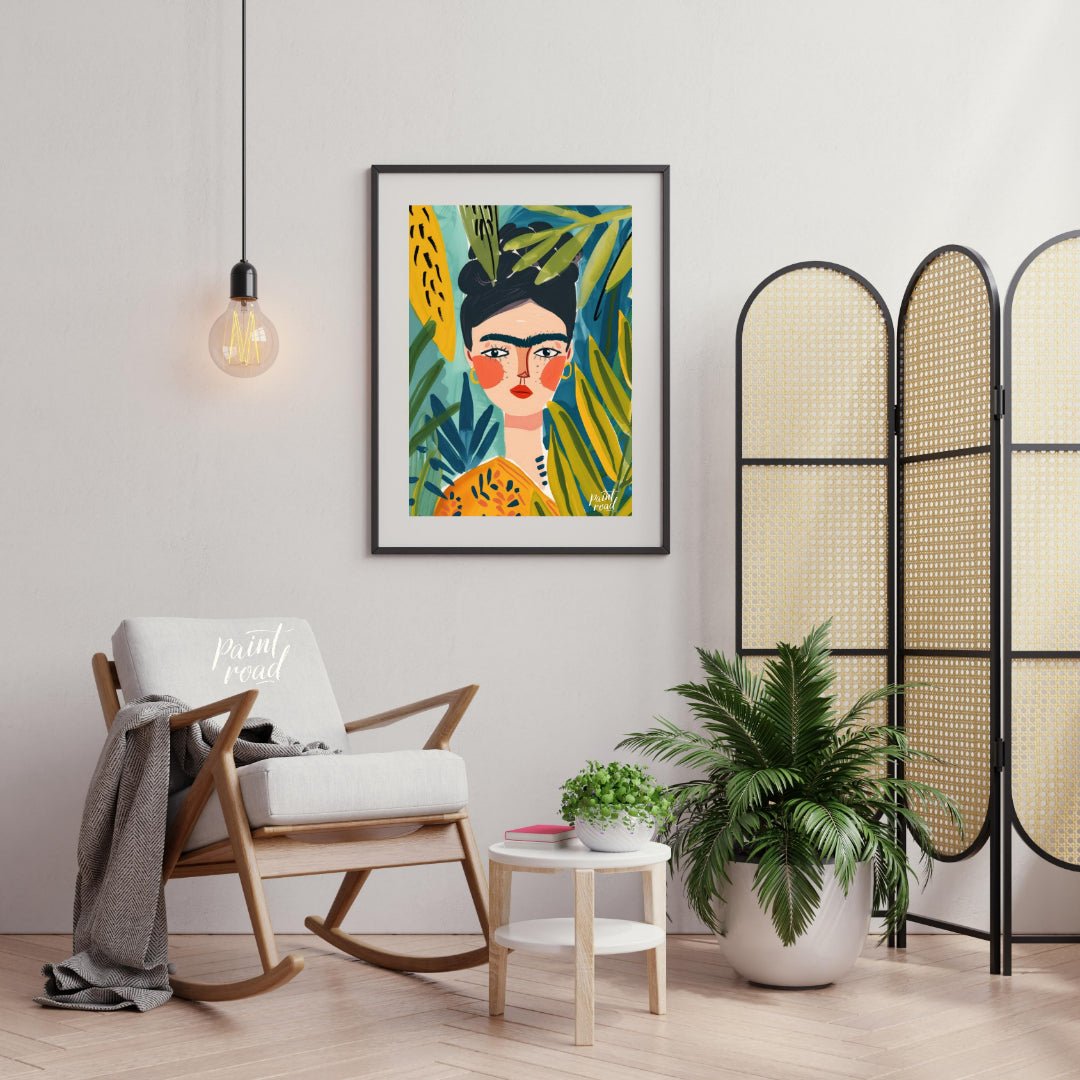 This stylized and vibrant portrait of Frida Kahlo immerses her in a lush, tropical setting. Her dis… for living room