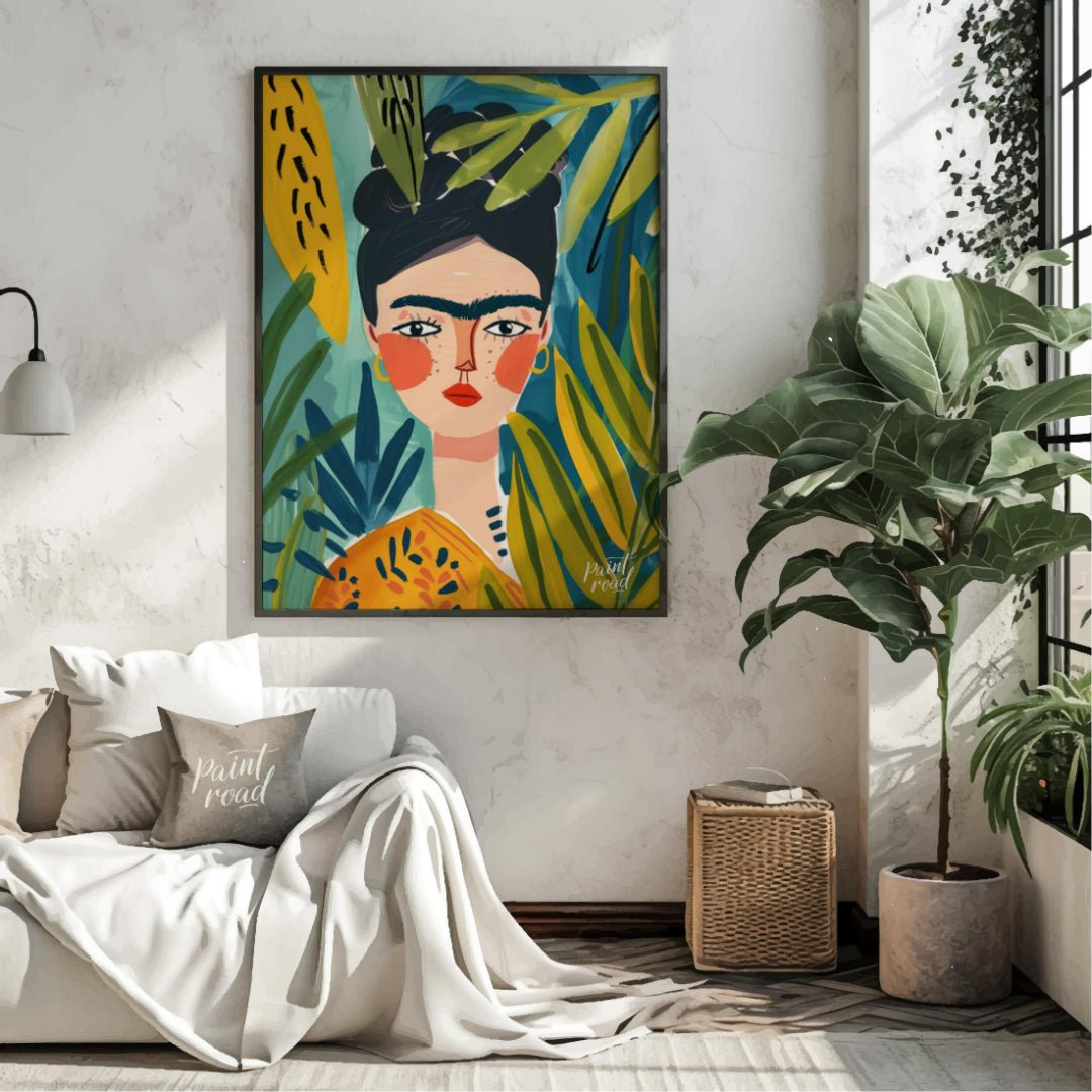 This stylized and vibrant portrait of Frida Kahlo immerses her in a lush, tropical setting. Her dis… for living room