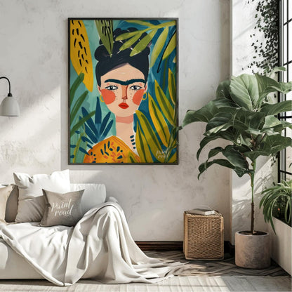 This stylized and vibrant portrait of Frida Kahlo immerses her in a lush, tropical setting. Her dis… for living room