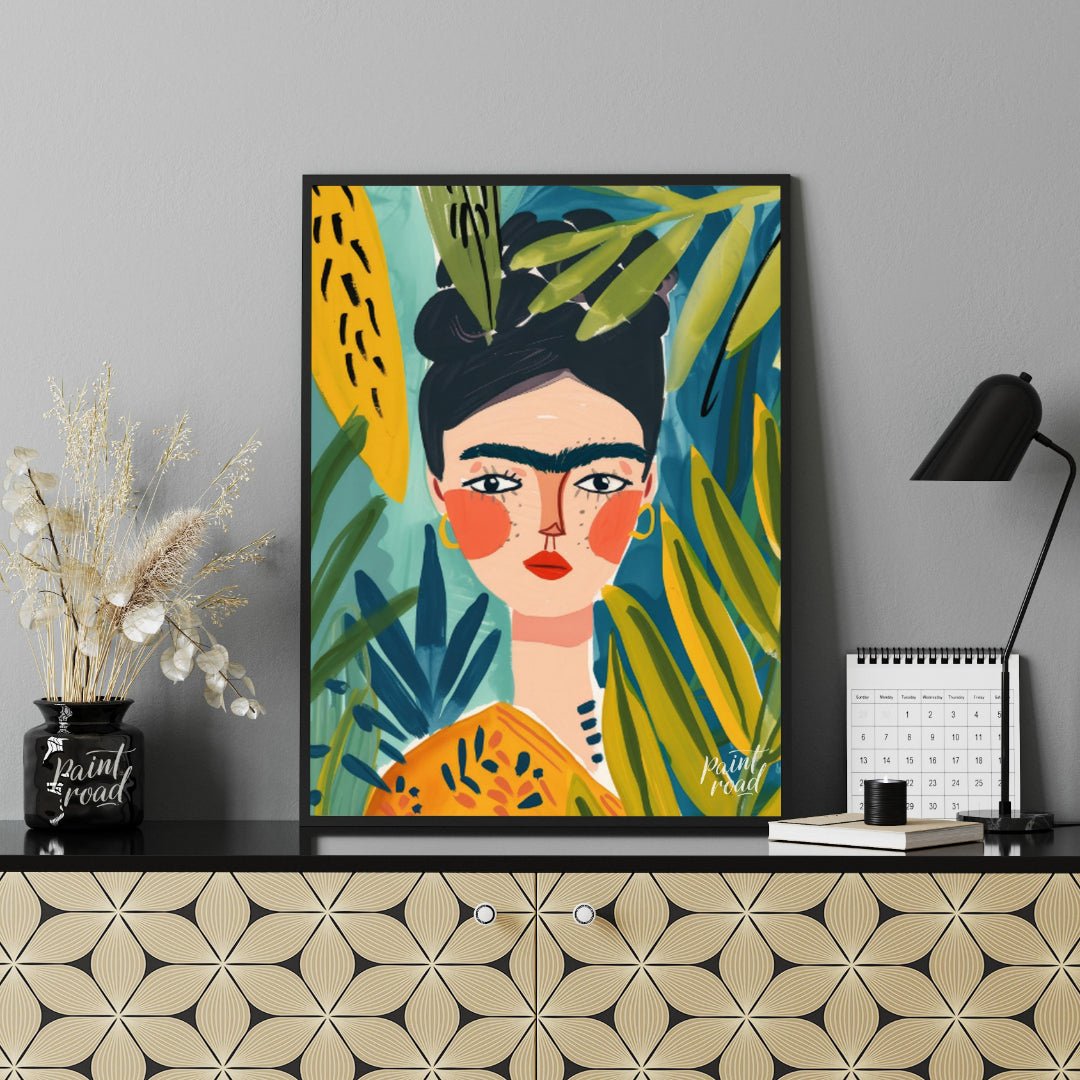 This stylized and vibrant portrait of Frida Kahlo immerses her in a lush, tropical setting. Her dis… for office