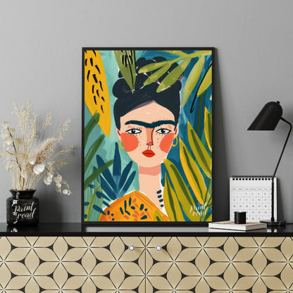 This stylized and vibrant portrait of Frida Kahlo immerses her in a lush, tropical setting. Her dis… for office