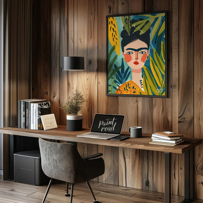 This stylized and vibrant portrait of Frida Kahlo immerses her in a lush, tropical setting. Her dis… for office