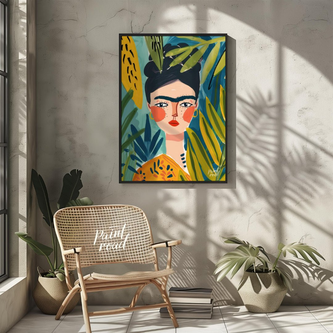 This stylized and vibrant portrait of Frida Kahlo immerses her in a lush, tropical setting. Her dis… for other