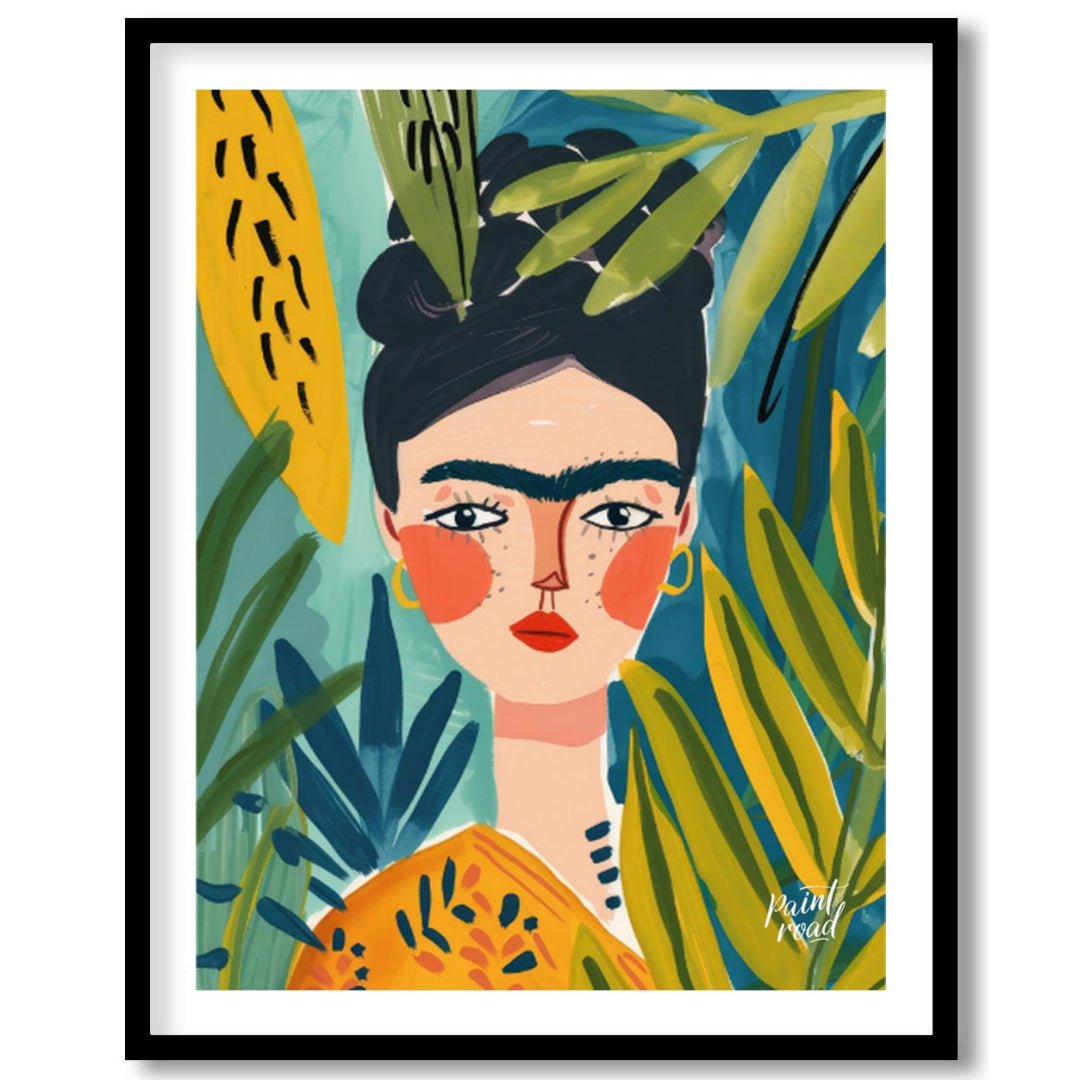 This stylized and vibrant portrait of Frida Kahlo immerses her in a lush, tropical setting. Her dis… for room