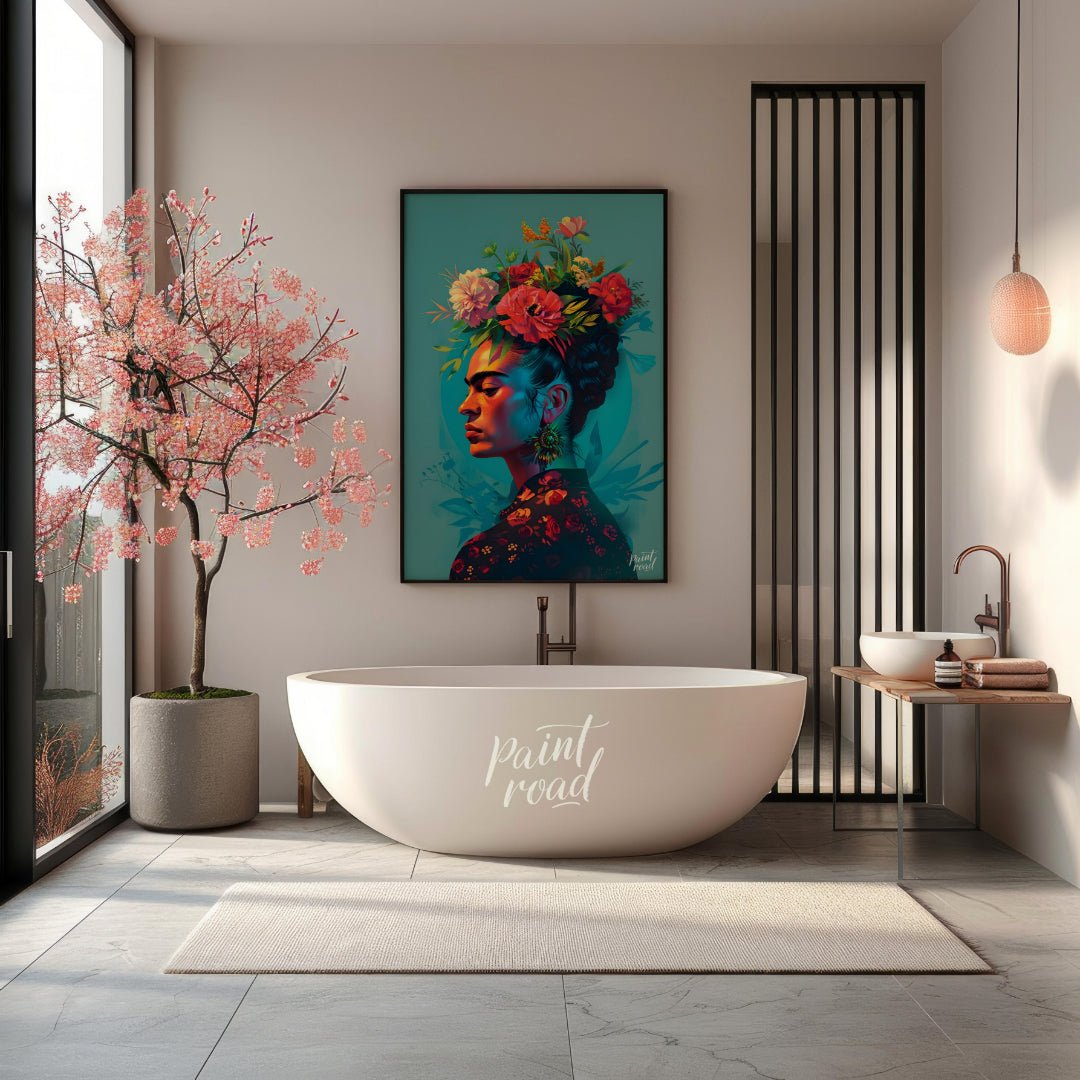 This vibrant art captures the iconic Frida Kahlo in a vibrant and stylized portrait. Her signature … for bathroom