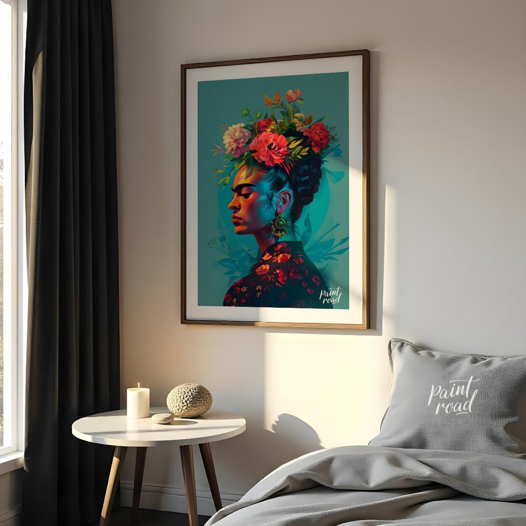 This vibrant art captures the iconic Frida Kahlo in a vibrant and stylized portrait. Her signature … for bedroom