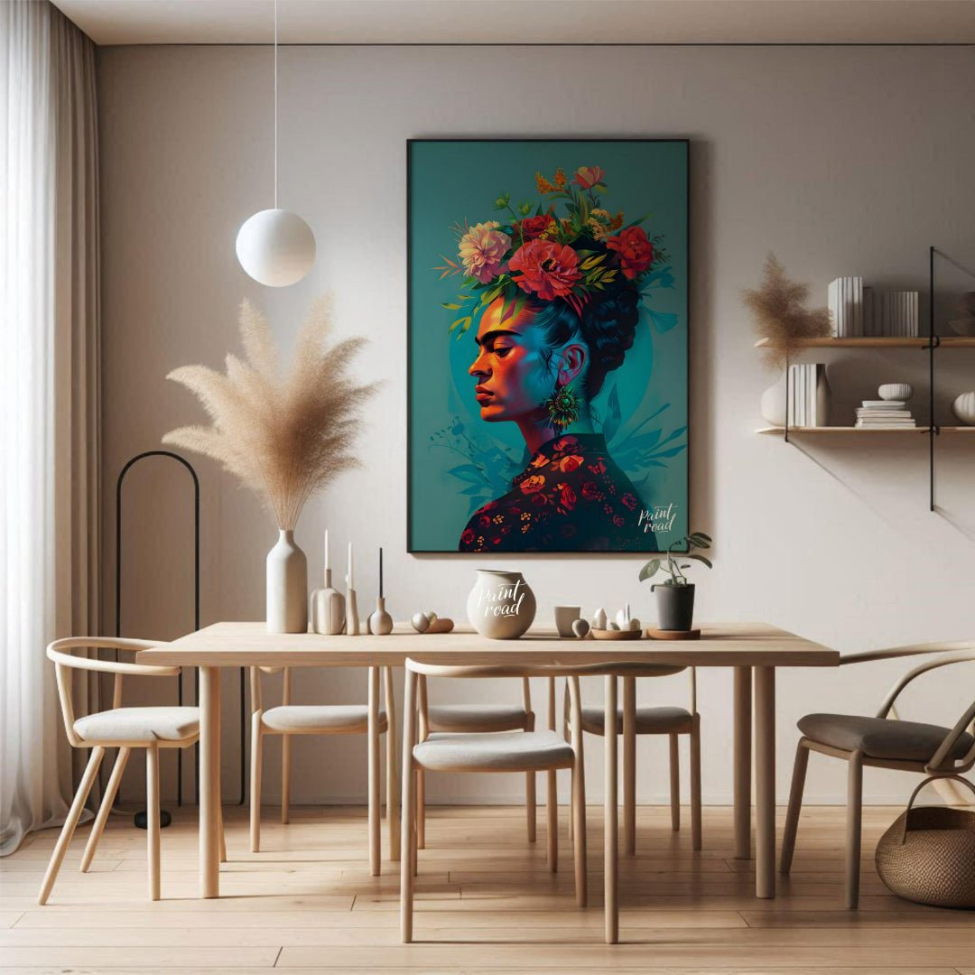 This vibrant art captures the iconic Frida Kahlo in a vibrant and stylized portrait. Her signature … for dining room