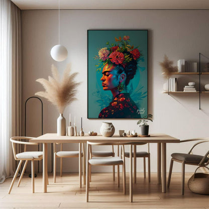 This vibrant art captures the iconic Frida Kahlo in a vibrant and stylized portrait. Her signature … for dining room