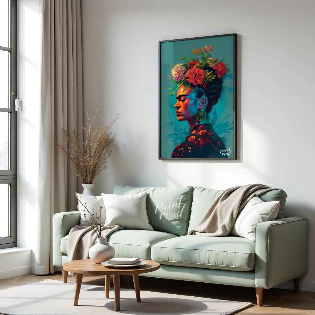 This vibrant art captures the iconic Frida Kahlo in a vibrant and stylized portrait. Her signature … for living room