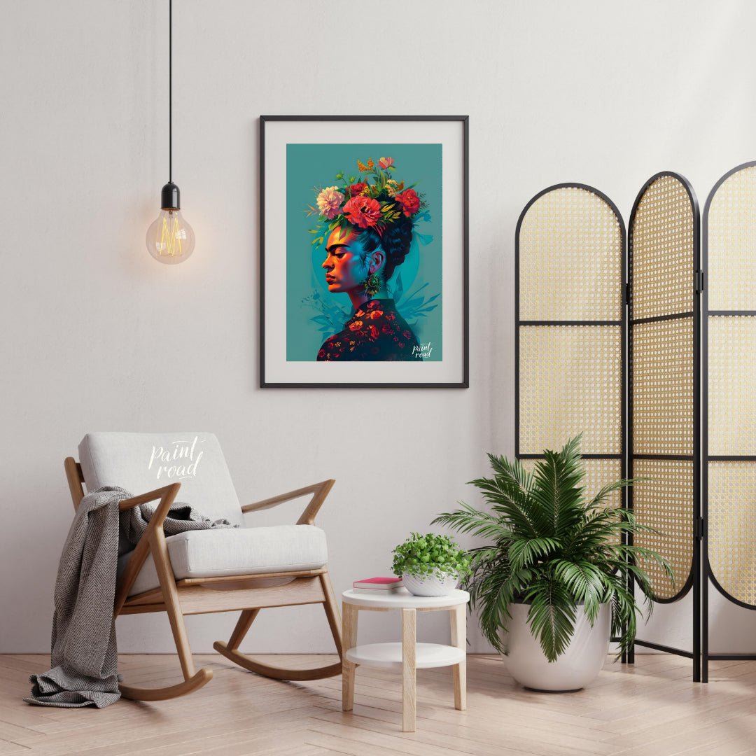 This vibrant art captures the iconic Frida Kahlo in a vibrant and stylized portrait. Her signature … for living room