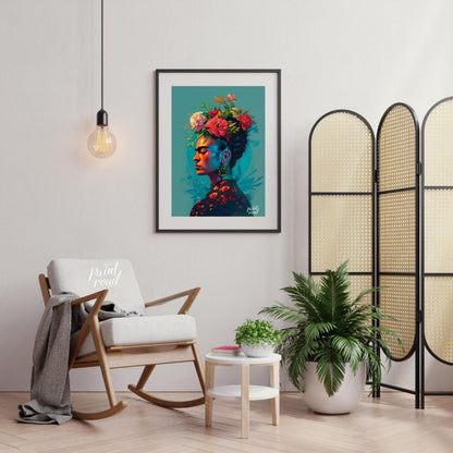 This vibrant art captures the iconic Frida Kahlo in a vibrant and stylized portrait. Her signature … for living room
