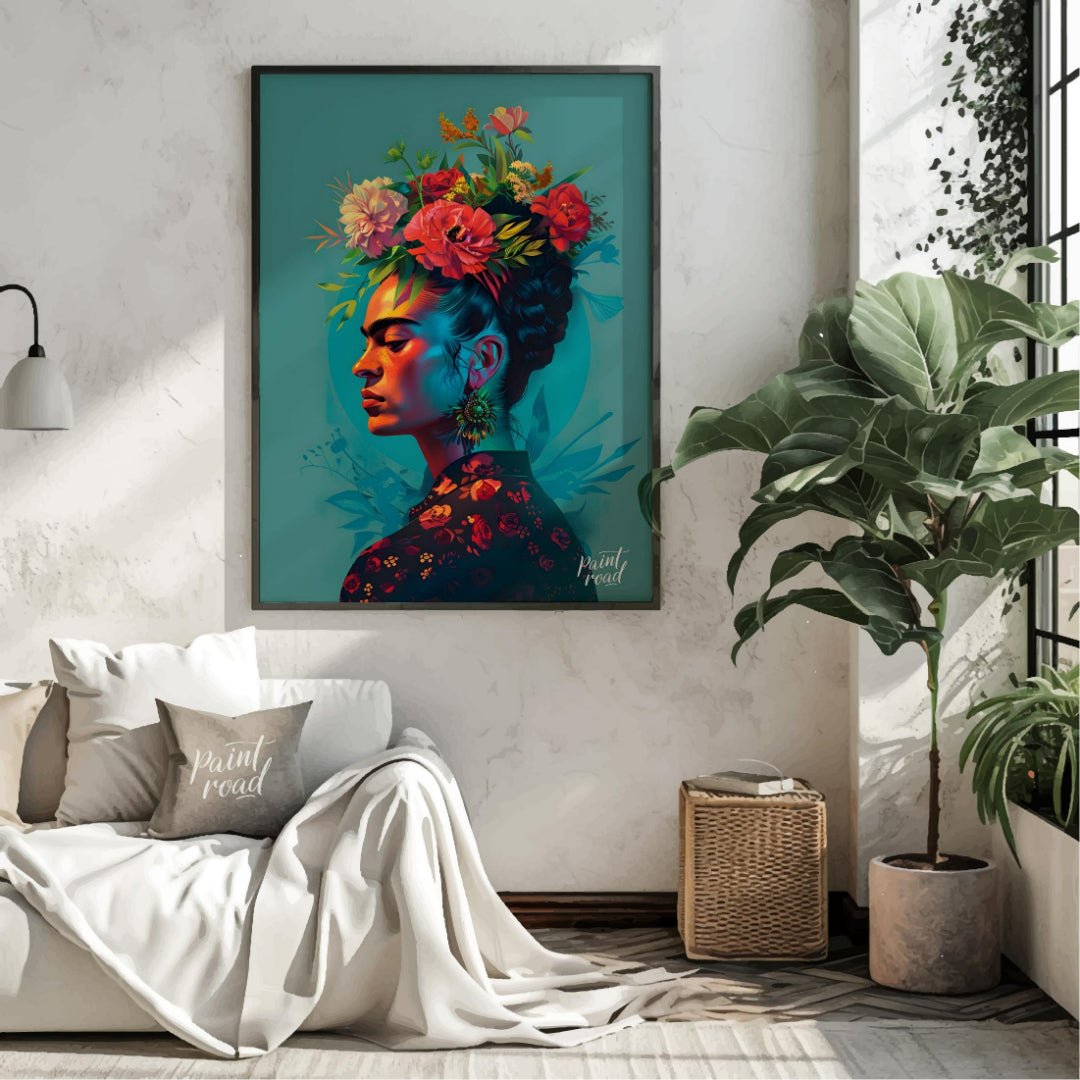 This vibrant art captures the iconic Frida Kahlo in a vibrant and stylized portrait. Her signature … for living room