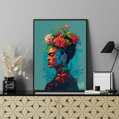 This vibrant art captures the iconic Frida Kahlo in a vibrant and stylized portrait. Her signature … for office
