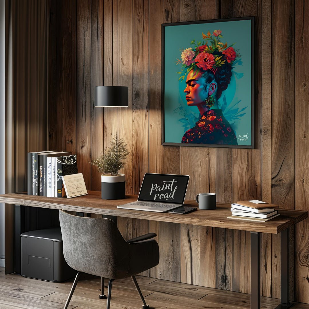 This vibrant art captures the iconic Frida Kahlo in a vibrant and stylized portrait. Her signature … for office