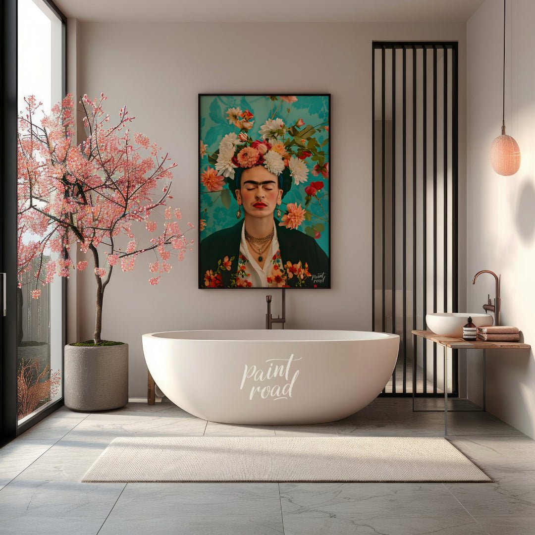 This beautiful painting captures the iconic Frida Kahlo in a stylized portrait, emphasizing her pie… for bathroom