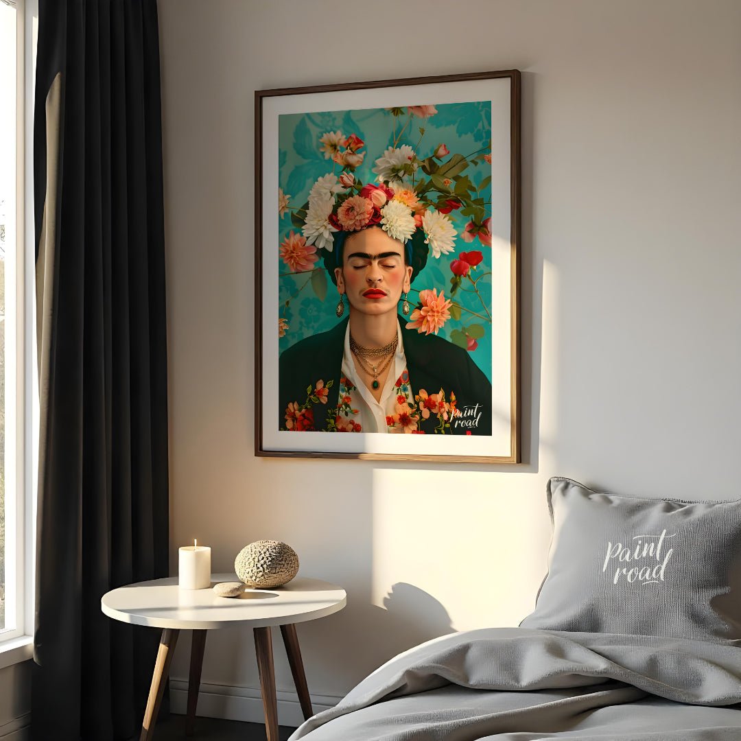 This beautiful painting captures the iconic Frida Kahlo in a stylized portrait, emphasizing her pie… for bedroom
