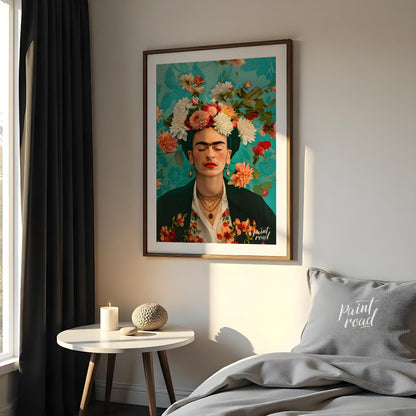 This beautiful painting captures the iconic Frida Kahlo in a stylized portrait, emphasizing her pie… for bedroom