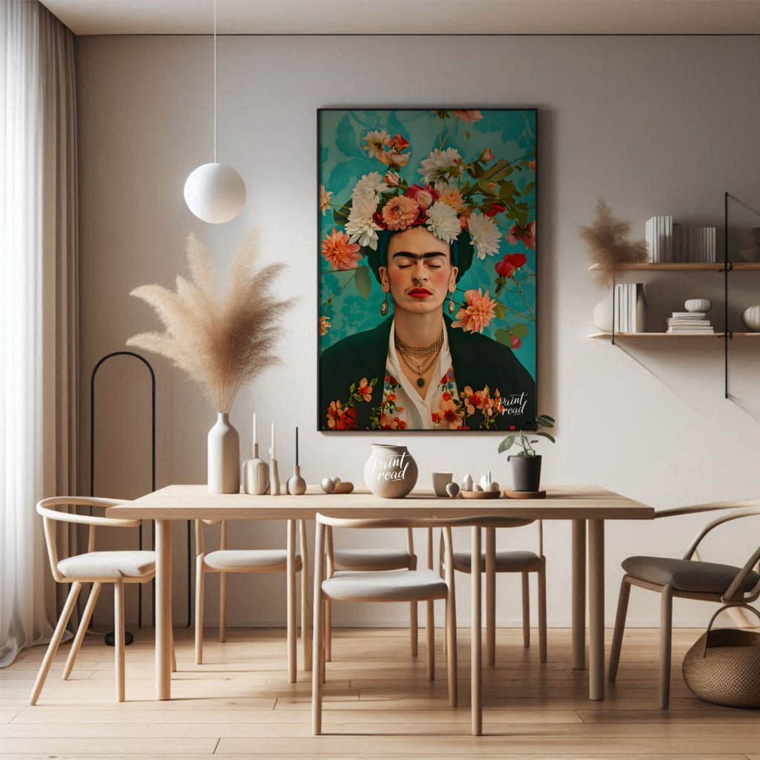 This beautiful painting captures the iconic Frida Kahlo in a stylized portrait, emphasizing her pie… for dining room