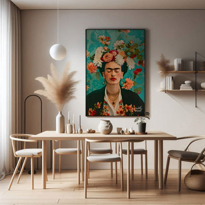 This beautiful painting captures the iconic Frida Kahlo in a stylized portrait, emphasizing her pie… for dining room