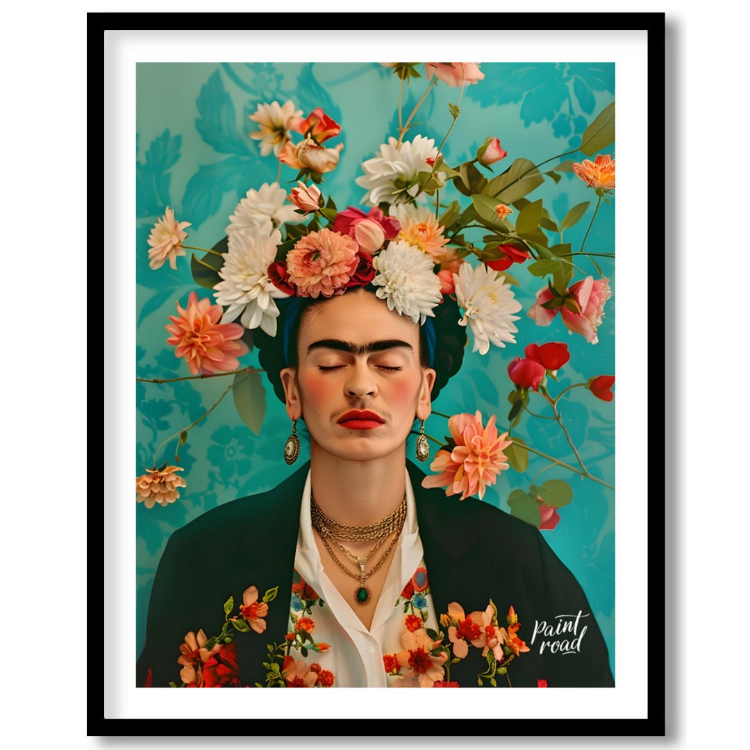 This beautiful painting captures the iconic Frida Kahlo in a stylized portrait, emphasizing her pie… for house