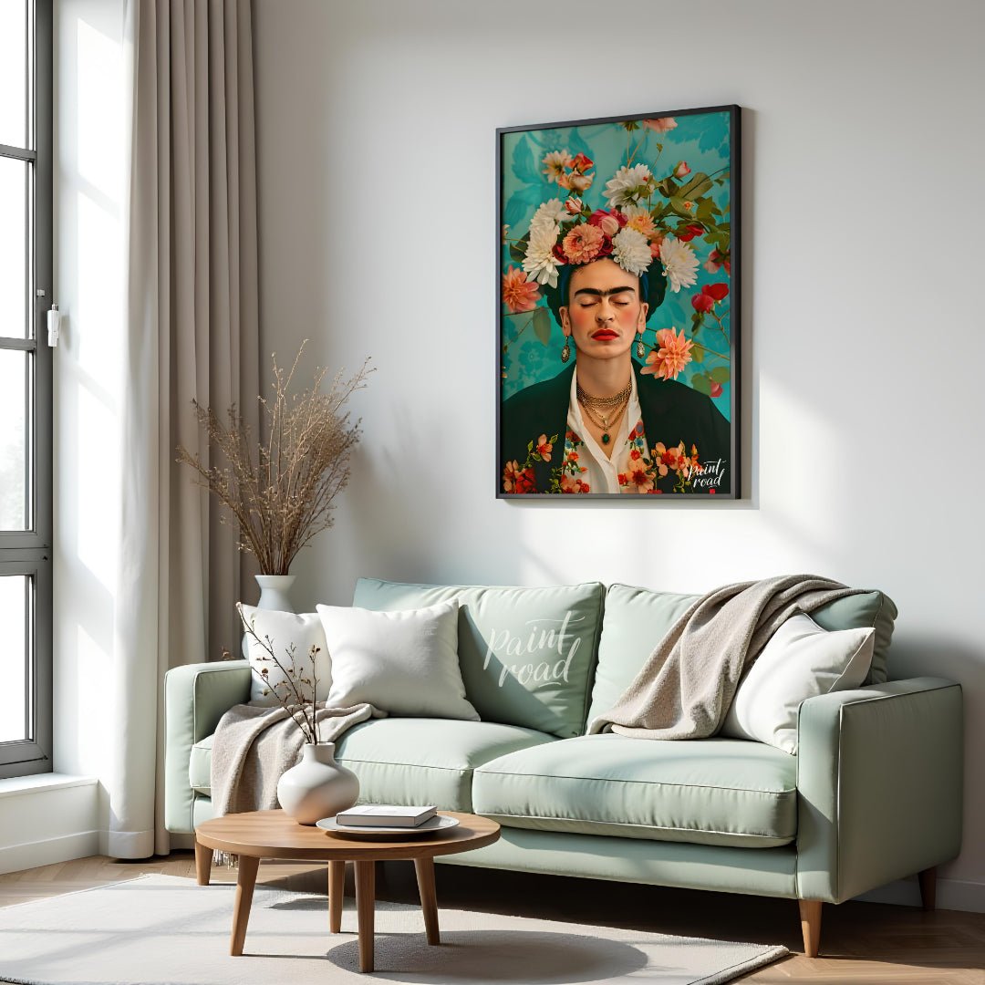 This beautiful painting captures the iconic Frida Kahlo in a stylized portrait, emphasizing her pie… for living room