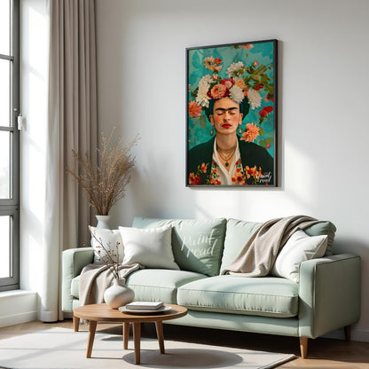 This beautiful painting captures the iconic Frida Kahlo in a stylized portrait, emphasizing her pie… for living room