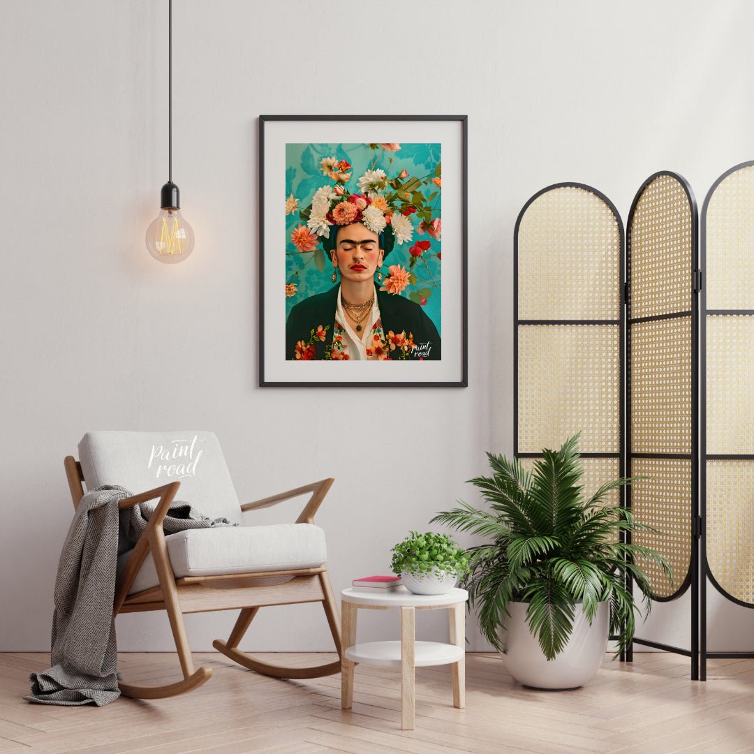 This beautiful painting captures the iconic Frida Kahlo in a stylized portrait, emphasizing her pie… for living room