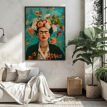 This beautiful painting captures the iconic Frida Kahlo in a stylized portrait, emphasizing her pie… for living room